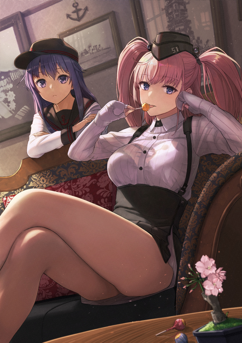 2girls, akatsuki_(kancolle), akatsuki_kai_ni_(kancolle), anchor_hair_ornament, anchor_symbol, atlanta_(kancolle), black_headwear, black_sailor_collar