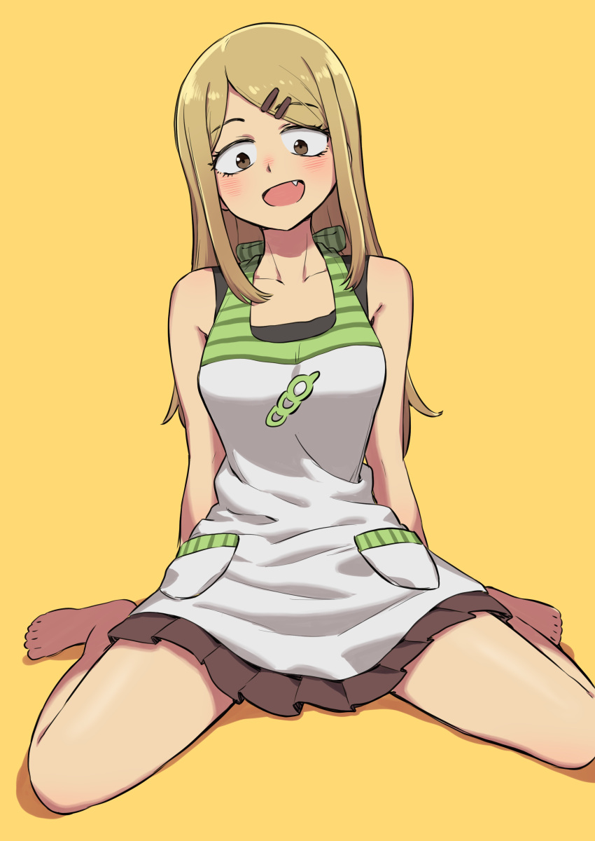 1girl, :d, absurdres, apron, bare_arms, bare_legs, bare_shoulders, barefoot, blonde_hair, brown_eyes, collarbone, commentary, dagashi_kashi, endou_saya, eyebrows_visible_through_hair, fang, hair_ornament, hairclip, highres, long_hair, looking_at_viewer, oogushi_aritomo, open_mouth, sanpaku, simple_background, sitting, smile, solo, wariza, yellow_background