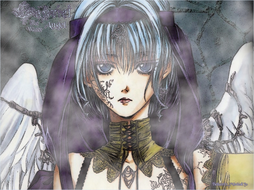 1girl, angel, angel_sanctuary, black_hair, blue_eyes, gabrielle, wings