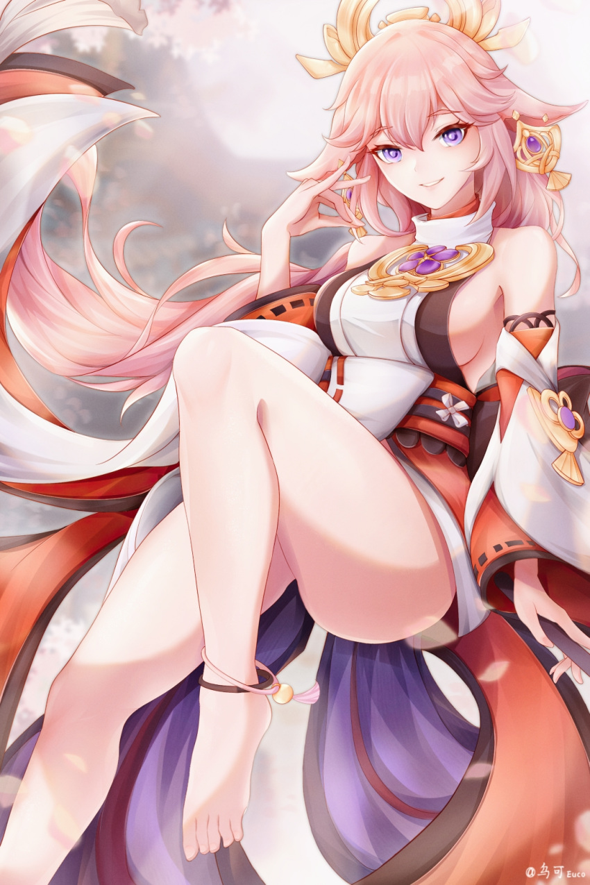 1girl, animal_ears, anklet, arm_at_side, artist_name, backlighting, bare_shoulders, barefoot