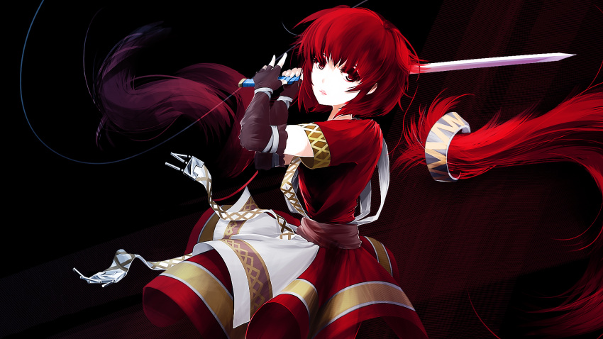 1girl, arcturus, bangs, brown_gloves, brown_sash, closed_mouth, commentary, cowboy_shot
