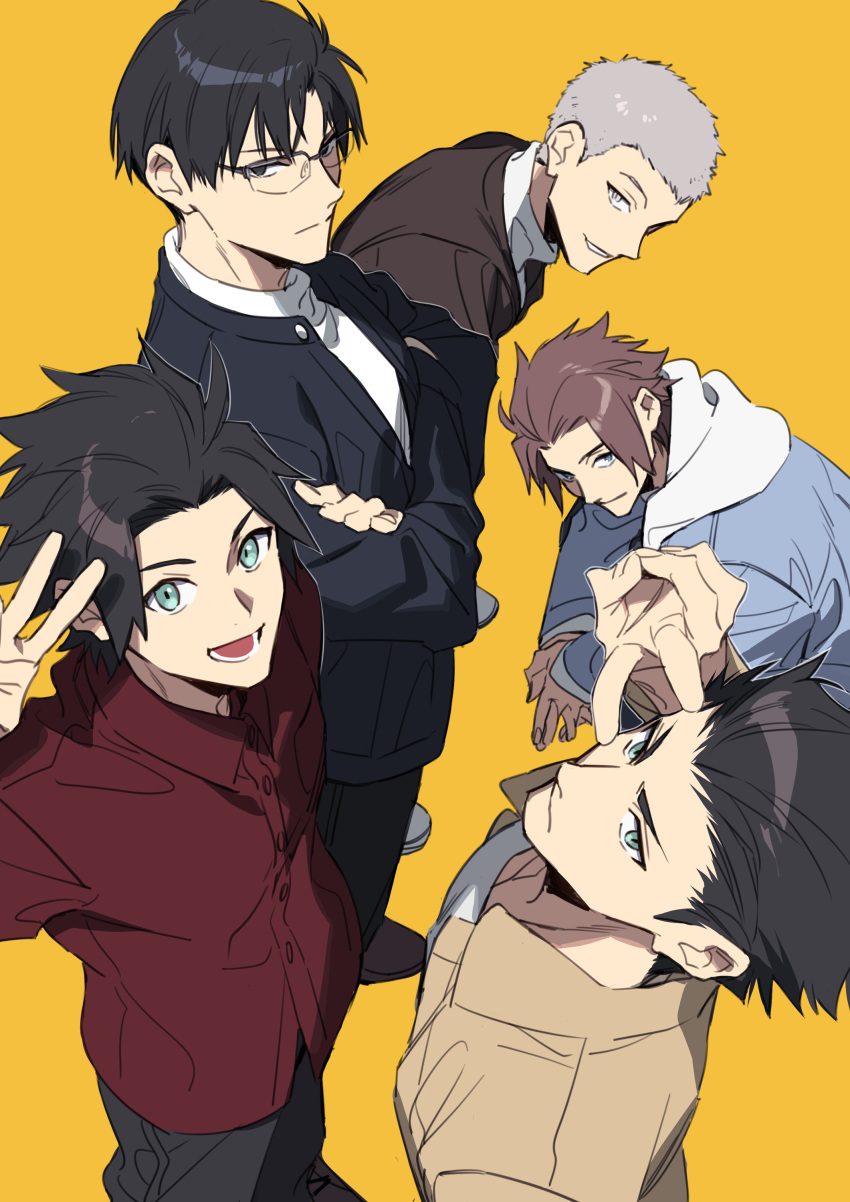 5boys, absurdres, arashiyama_jun, bangs, black_eyes, black_hair, black_jacket, black_pants