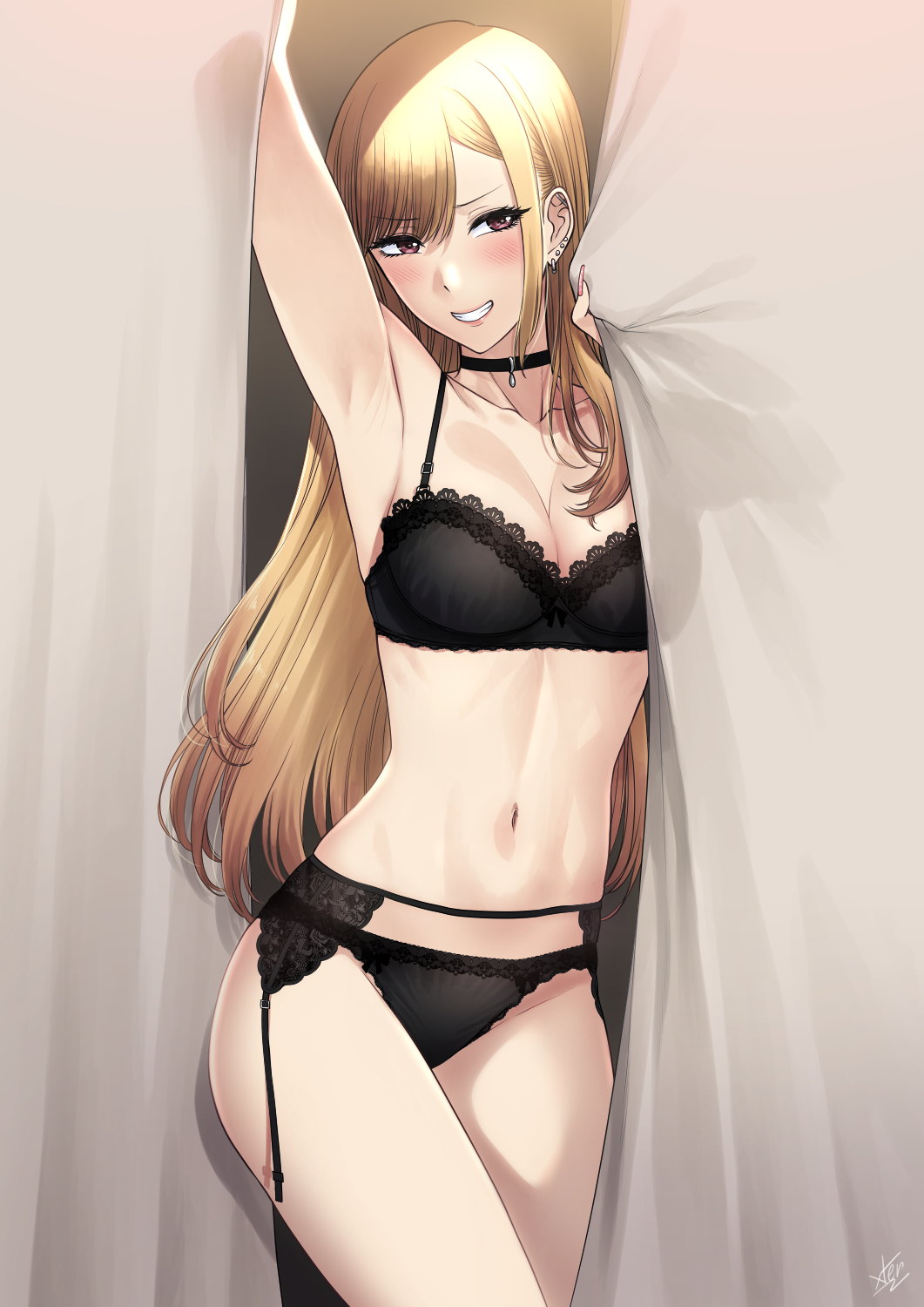 1girl, arm_up, armpits, bangs, black_bra, black_choker, black_panties, blonde_hair