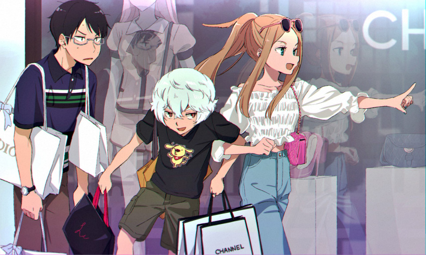 1girl, 2boys, anarchy_ptck, bag, bangs, black_eyes, black_hair, black_shirt