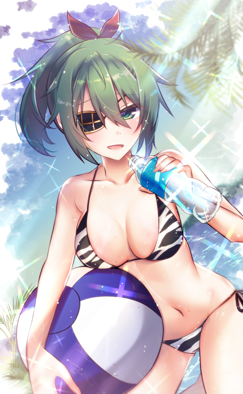 1girl, alternate_costume, alternate_hairstyle, ball, bikini, black_bikini, bottle, breasts