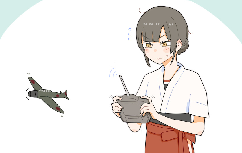 1girl, aircraft, bangs, black_hair, blush, closed_mouth, controller, dougi