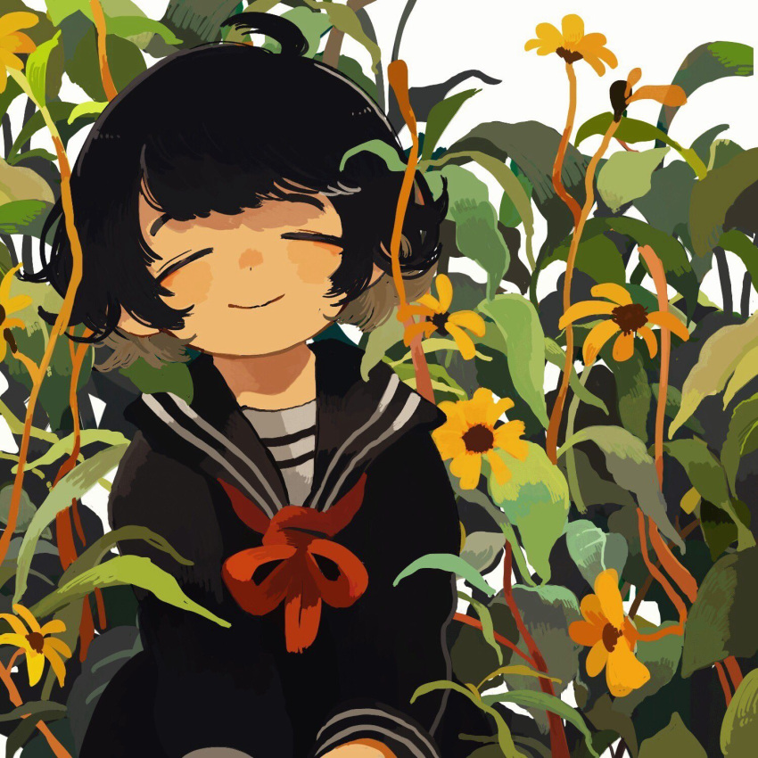 1girl, ahoge, bangs, black_hair, black_sailor_collar, black_serafuku, black_shirt, brown_hair