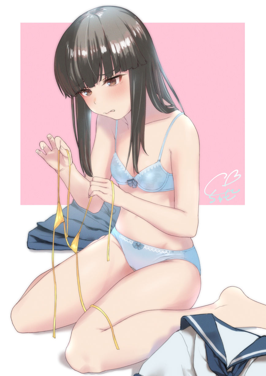 1girl, bangs, barefoot, bikini, black_hair, blue_bra, blue_panties, blue_sailor_collar, blue_skirt, blunt_bangs, blush, bra, brown_eyes, clenched_teeth, clothes_removed, collarbone, hatsuyuki_(kancolle), highres, holding, holding_clothes, kantai_collection, long_hair, micro_bikini, panties, pleated_skirt, sailor_collar, sakieko, school_uniform, serafuku, signature, sitting, skirt, skirt_removed, solo, swimsuit, teeth, underwear, underwear_only, wariza, yellow_bikini