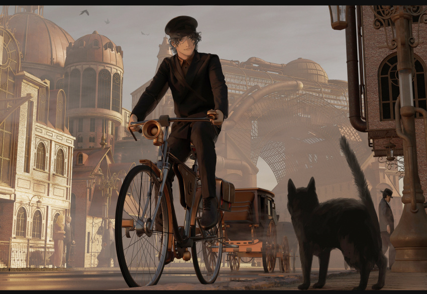 1girl, 4boys, absurdres, amon_(lord_of_the_mysteries), angel, bag, bangs, beard, belt, black_cat, black_coat, black_eyes, black_hair, black_headwear, black_jacket, blonde_hair, brown_jacket, brown_pants, brown_shirt, building, carriage, cat, chinese_commentary, clear_sky, coat, commentary_request, dress, facial_hair, gloves, grey_necktie, hat, highres, holding, holding_bag, horse, jacket, lamppost, leonard_mitchell, looking_at_animal, lord_of_the_mysteries, monocle, multiple_boys, necktie, old, old_man, pants, pink_dress, pollution, puddle, red_gloves, riding_bicycle, road, shirt, sky, smile, steampunk, street, white_shirt, window, yinyoushirenmaotouying