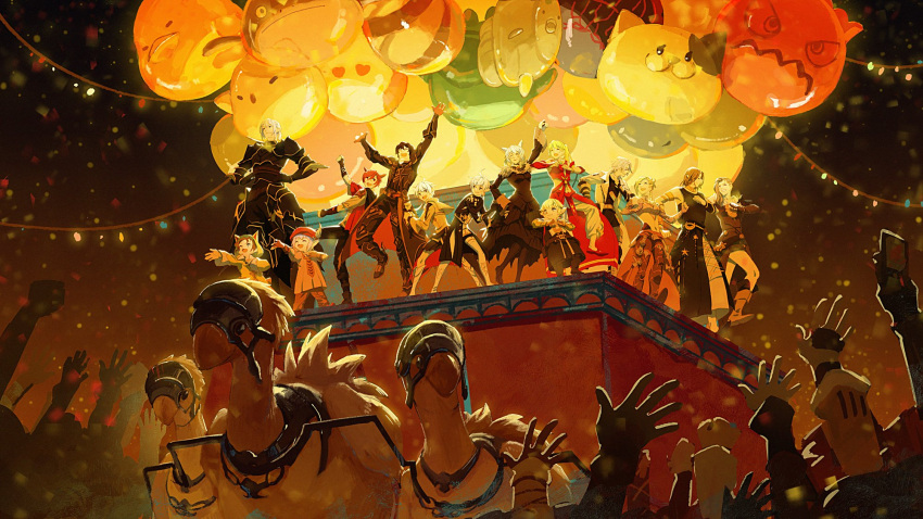 alisaie_leveilleur, alphinaud_leveilleur, animal_ears, armor, avatar_(ff14), balloon, beak, bomb_(final_fantasy), cat_ears, chocobo, coat, confetti, crowd, dancing, dress, elezen, elf, estinien_varlineau, fat_chocobo, fatter_cat_(ff14), final_fantasy, final_fantasy_xiv, g'raha_tia, good_end, hat, highres, hyur, krile_mayer_baldesion_(ff14), lalafell, lyse_hext, minfilia_warde, miqo'te, moenbryda_wilfsunnwyn, night, papalymo_totolymo, parade, pointy_ears, qw64103407, tataru_taru, thancred_waters, urianger_augurelt, y'shtola_rhul