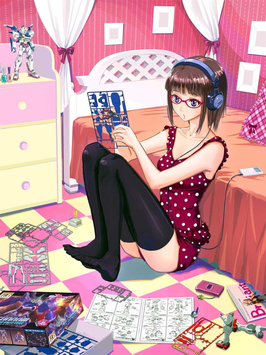 bed, bedroom, black_legwear, brown_hair, cellphone, digital_media_player, feet, figure
