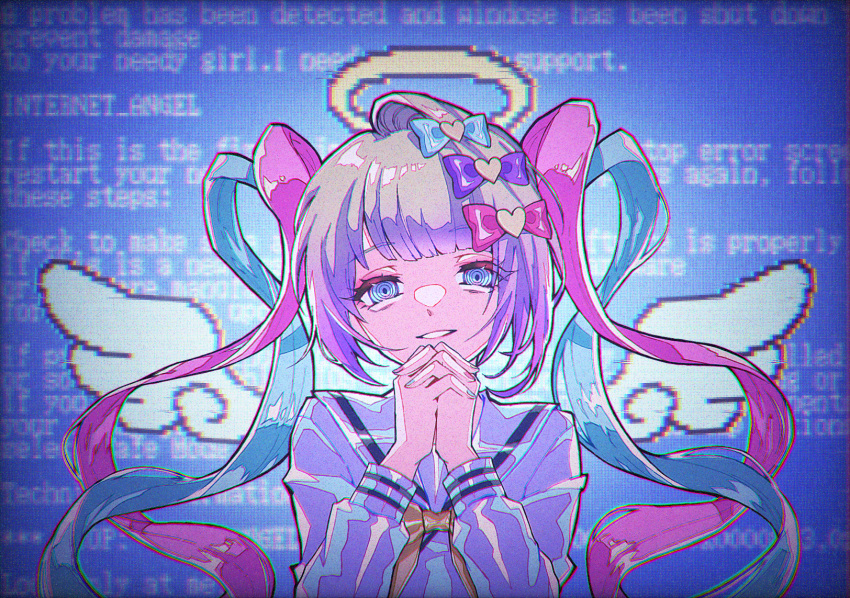 1girl, @_@, blue_hair, blue_screen_of_death, bow, english_text, error_message, fukowaikaga, grey_hair, hair_bow, halo, highres, interlocked_fingers, long_hair, long_sleeves, looking_at_viewer, multicolored_hair, multicolored_nails, multiple_hair_bows, nail_polish, neck_ribbon, needy_girl_overdose, noise, omgkawaiiangel-chan, own_hands_clasped, own_hands_together, parted_lips, pink_hair, ribbon, sailor_collar, smile, solo, twintails, upper_body, very_long_hair