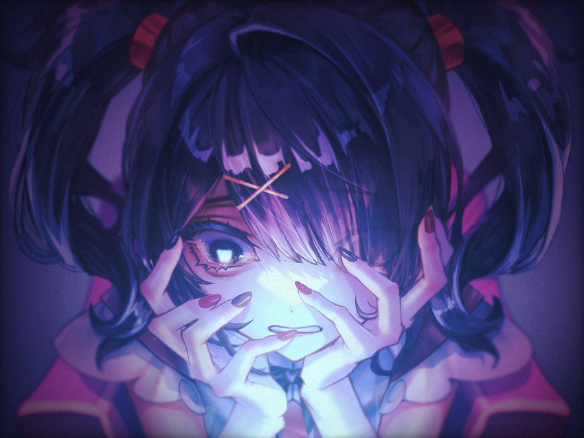 1girl, ame-chan_(needy_girl_overdose), black_hair, black_ribbon, chair, close-up, eye_reflection, eyelashes, face, fukowaikaga, hair_ornament, hairclip, hands_on_own_face, highres, medium_hair, multicolored_nails, nail_polish, neck_ribbon, needy_girl_overdose, parted_lips, reflection, ribbon, screen_light, short_sleeves, solo, twintails, upper_body, x_hair_ornament