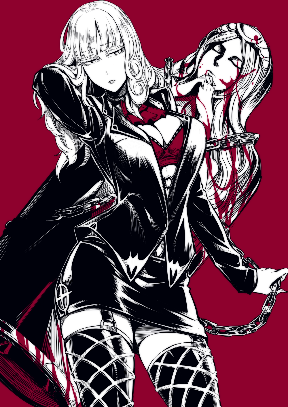 1girl, ascot, bra, breasts, carmilla_(fate), chain, contrapposto, curly_hair