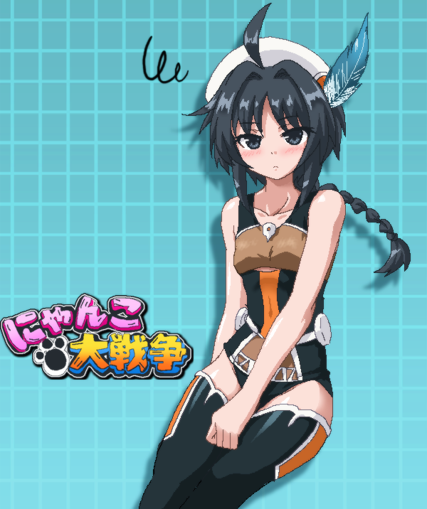 1girl, ahoge, black_eyes, black_hair, blue_background, blush, braid, covered_navel