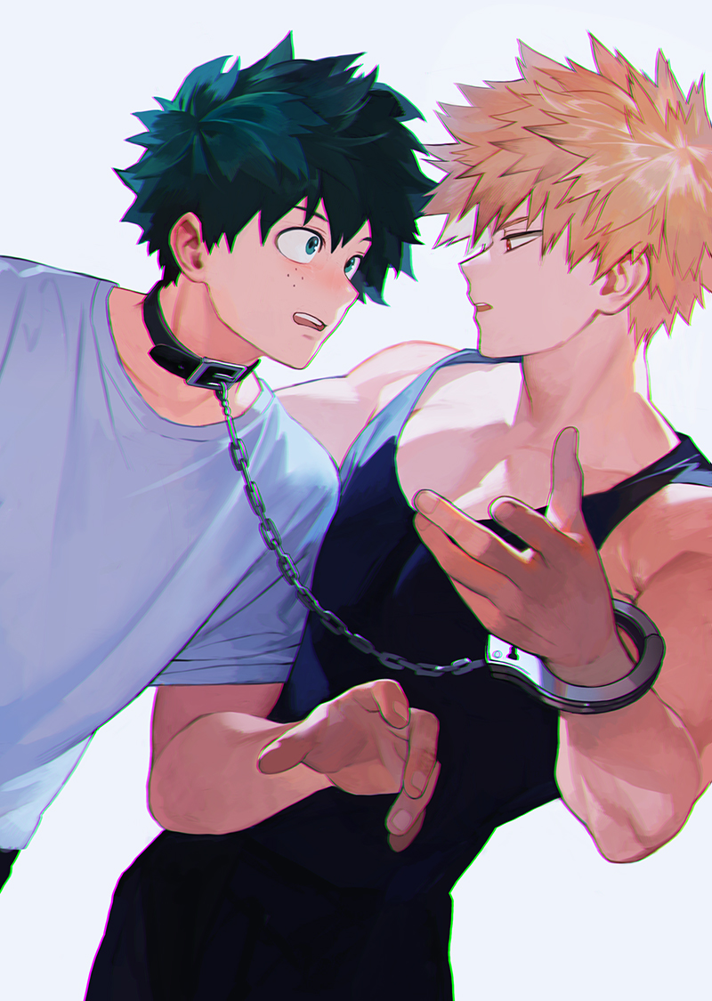 2boys, animal_collar, bakugou_katsuki, bangs, black_pants, black_tank_top, blonde_hair, boku_no_hero_academia