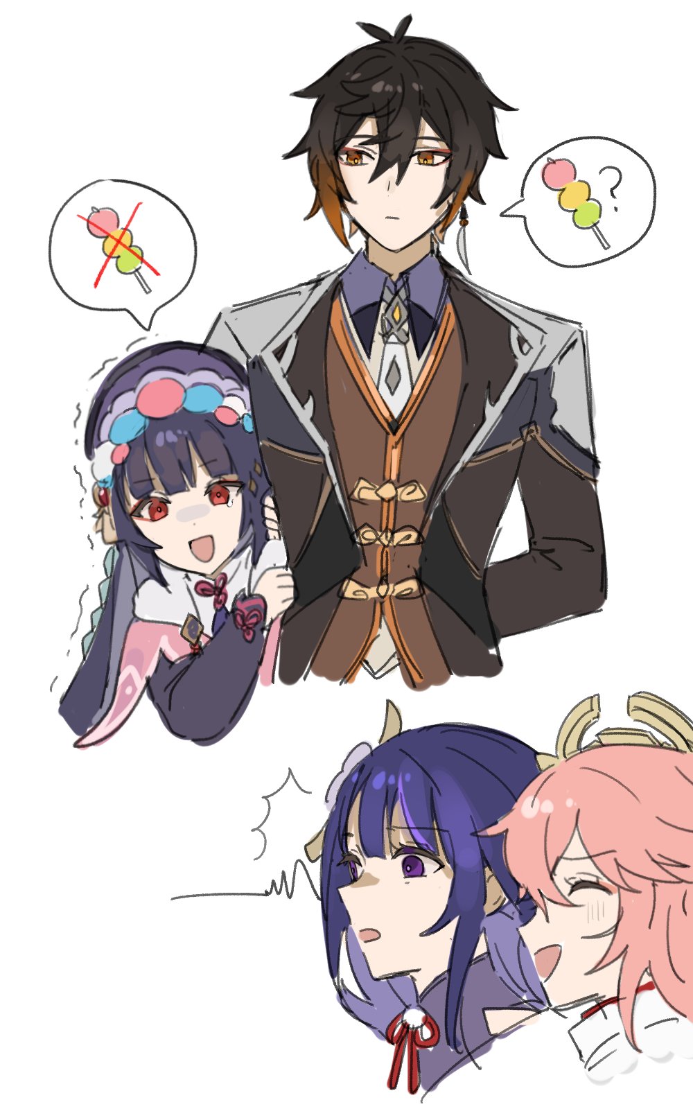 1boy, 3girls, arms_behind_back, bangs, black_hair, brown_hair, closed_eyes, closed_mouth
