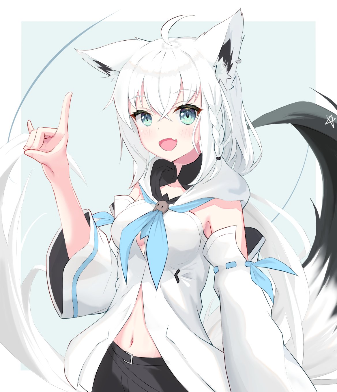 1girl, ahoge, animal_ear_fluff, arm_up, bangs, black_shorts, blue_background, blue_neckerchief