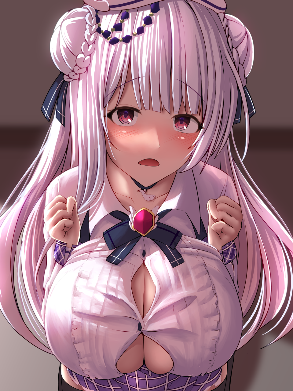 1girl, azur_lane, black_choker, blurry, blurry_background, blush, breast_squeeze, breasts, button_gap, choker, cygnet_(azur_lane), double_bun, eyebrows_visible_through_hair, highres, huge_breasts, light_purple_hair, miniskirt, oppai_loli, purple_skirt, shikakui_kyomu, shirt, skirt, solo, taut_clothes, taut_shirt, violet_eyes, white_shirt