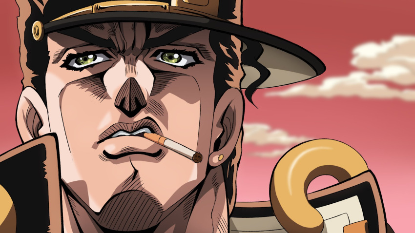 1boy, blurry, blurry_background, brown_hair, cigarette, depth_of_field, diamond_wa_kudakenai, earrings, fake_screenshot, glasses, grandguerrilla, green_eyes, hat, highres, jewelry, jojo_no_kimyou_na_bouken, kujo_jotaro, looking_at_viewer, male_focus, mouth_hold, outdoors, parted_lips, pink_sky, portrait, solo, stud_earrings