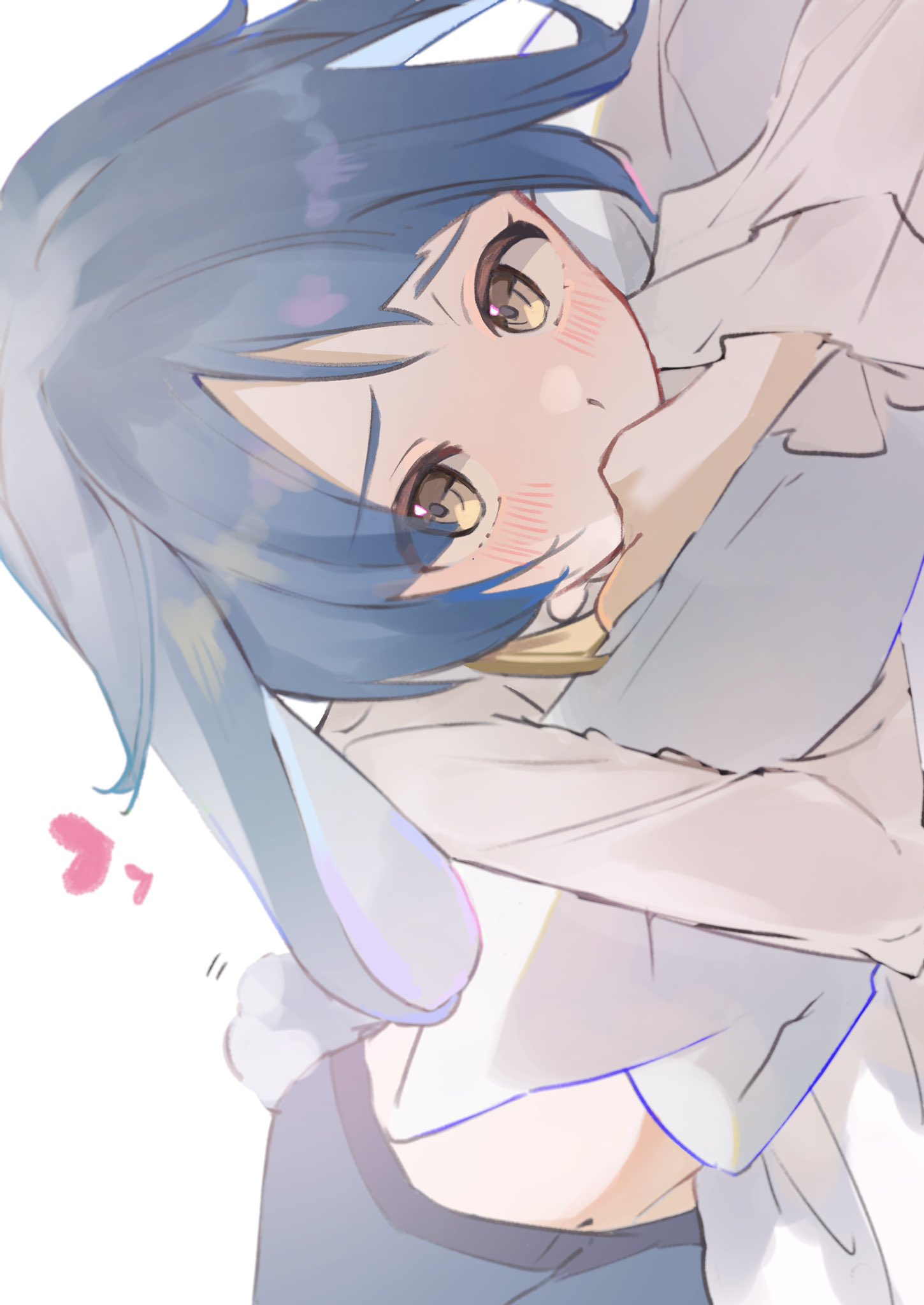 1boy, animal_ears, blue_hair, blush, genshin_impact, hand_to_own_mouth, heart, highres, looking_at_viewer, lying, midriff, navel, on_side, otoko_no_ko, pale_skin, rabbit_boy, rabbit_ears, rabbit_tail, solo, tail, xingqiu_(genshin_impact), yellow_eyes, yui_4293
