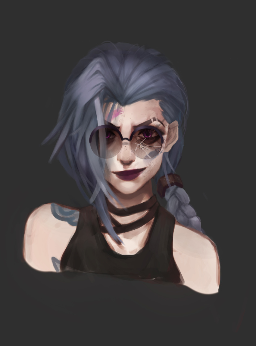 1girl, absurdres, arcane:_league_of_legends, arcane_jinx, asymmetrical_bangs, bags_under_eyes, bangs, black_background