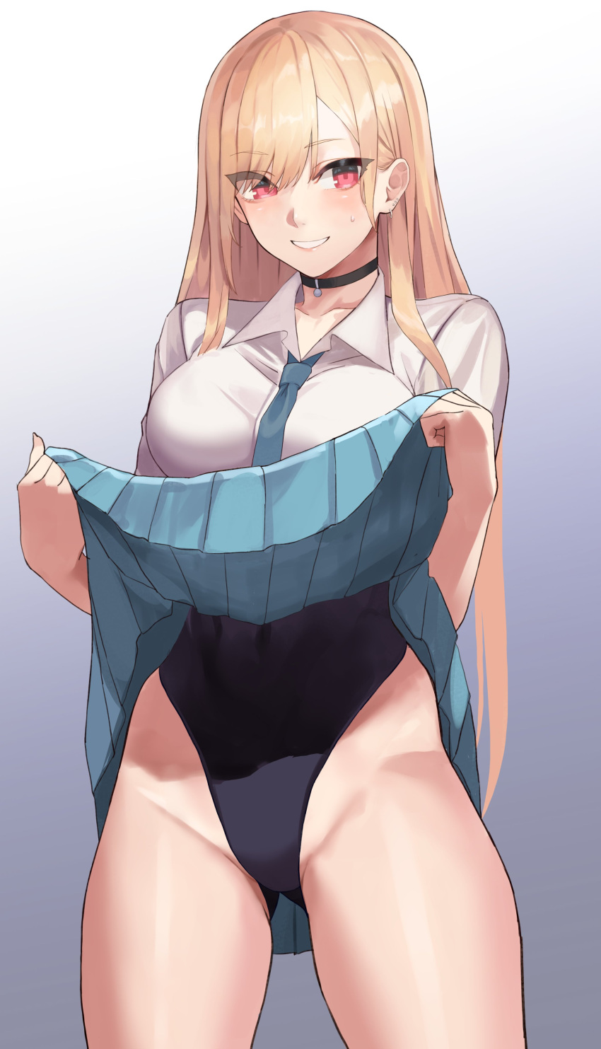 1girl, absurdres, ass_visible_through_thighs, bangs, black_choker, blonde_hair, blue_necktie, blue_skirt