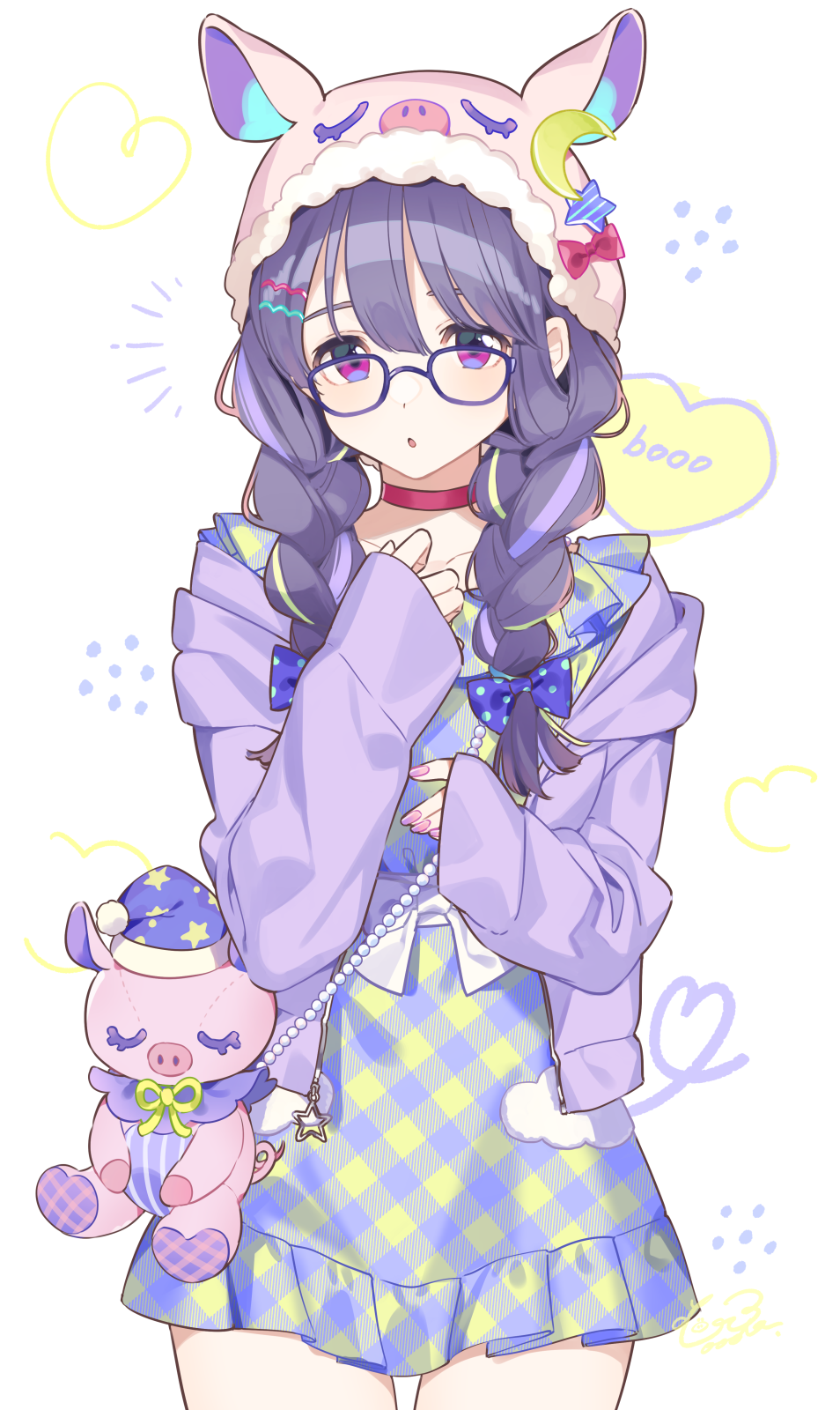 1girl, animal_bag, animal_ears, bag, bangs, black_hair, blonde_hair, blue-framed_eyewear