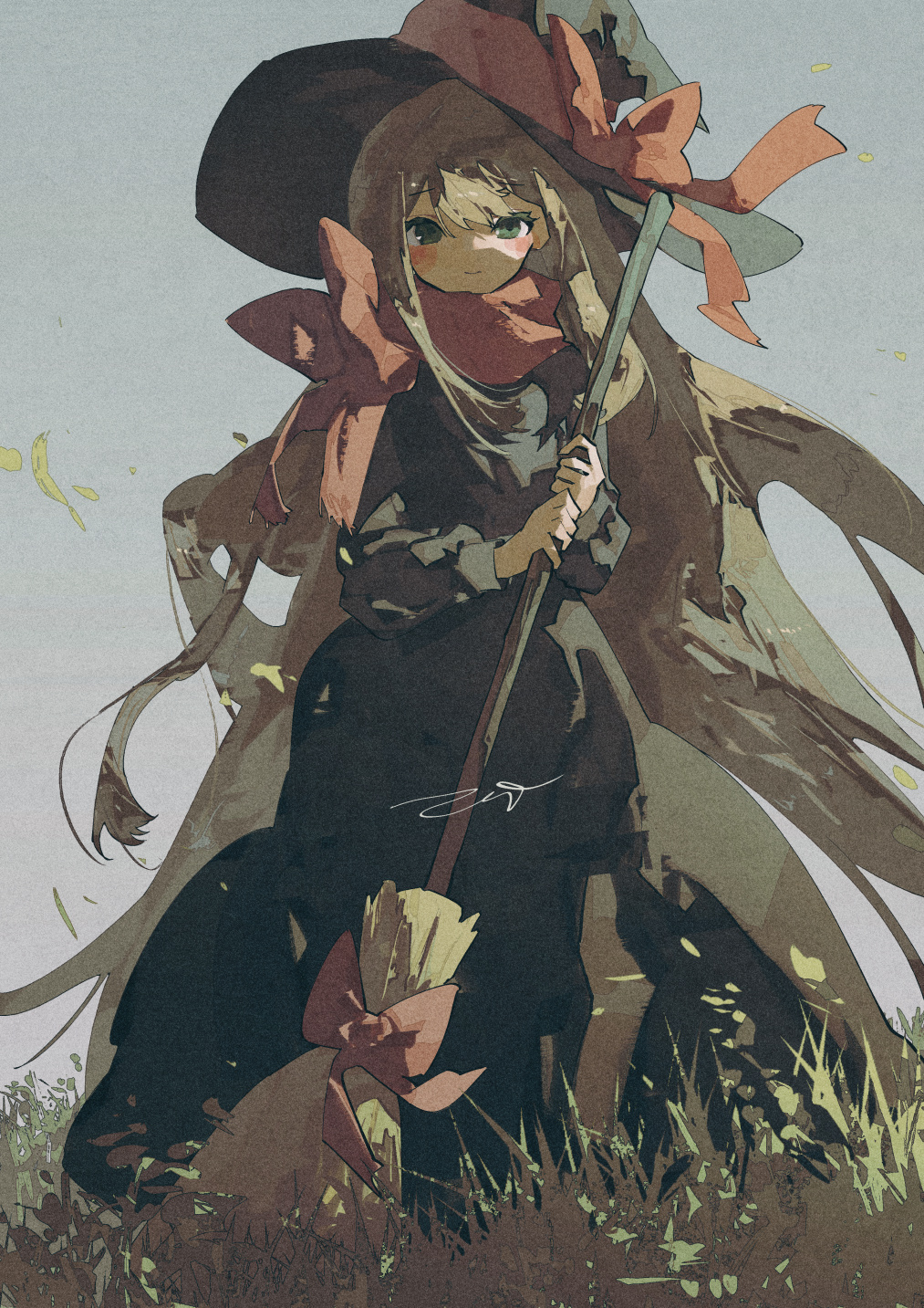 1girl, bangs, black_dress, black_headwear, blush, bow, broom, brown_hair