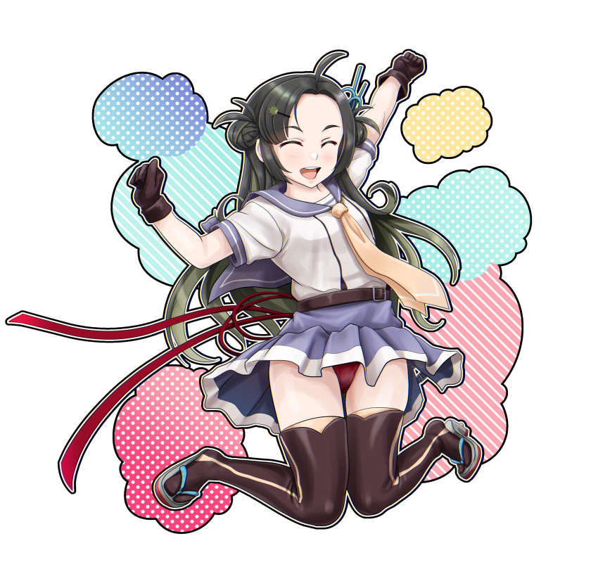 1girl, absurdres, arm_up, black_hair, black_legwear, blue_sailor_collar, blue_skirt, closed_eyes