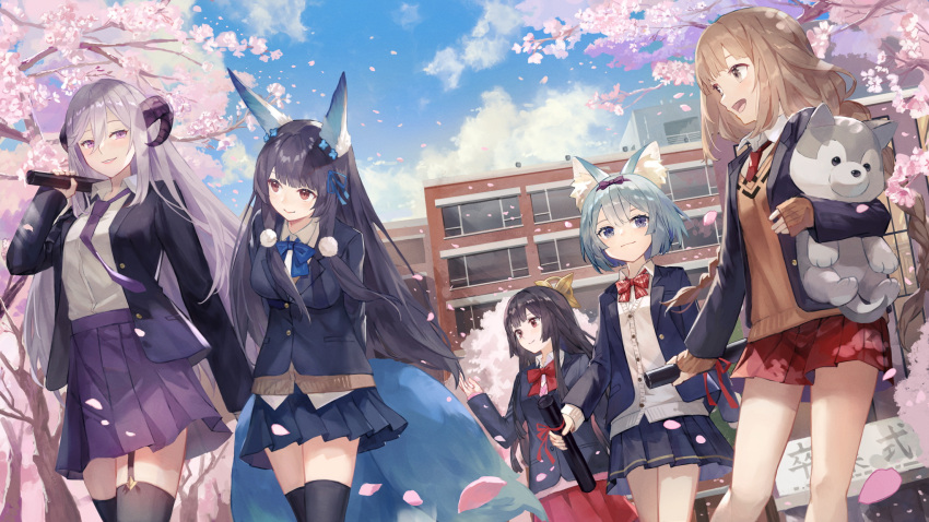 5girls, animal_ear_fluff, animal_ears, bangs, black_hair, black_legwear, blazer, blue_hair