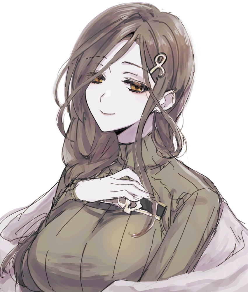 1girl, breasts, brown_hair, hand_on_own_chest, highres, large_breasts, looking_to_the_side, nijisanji