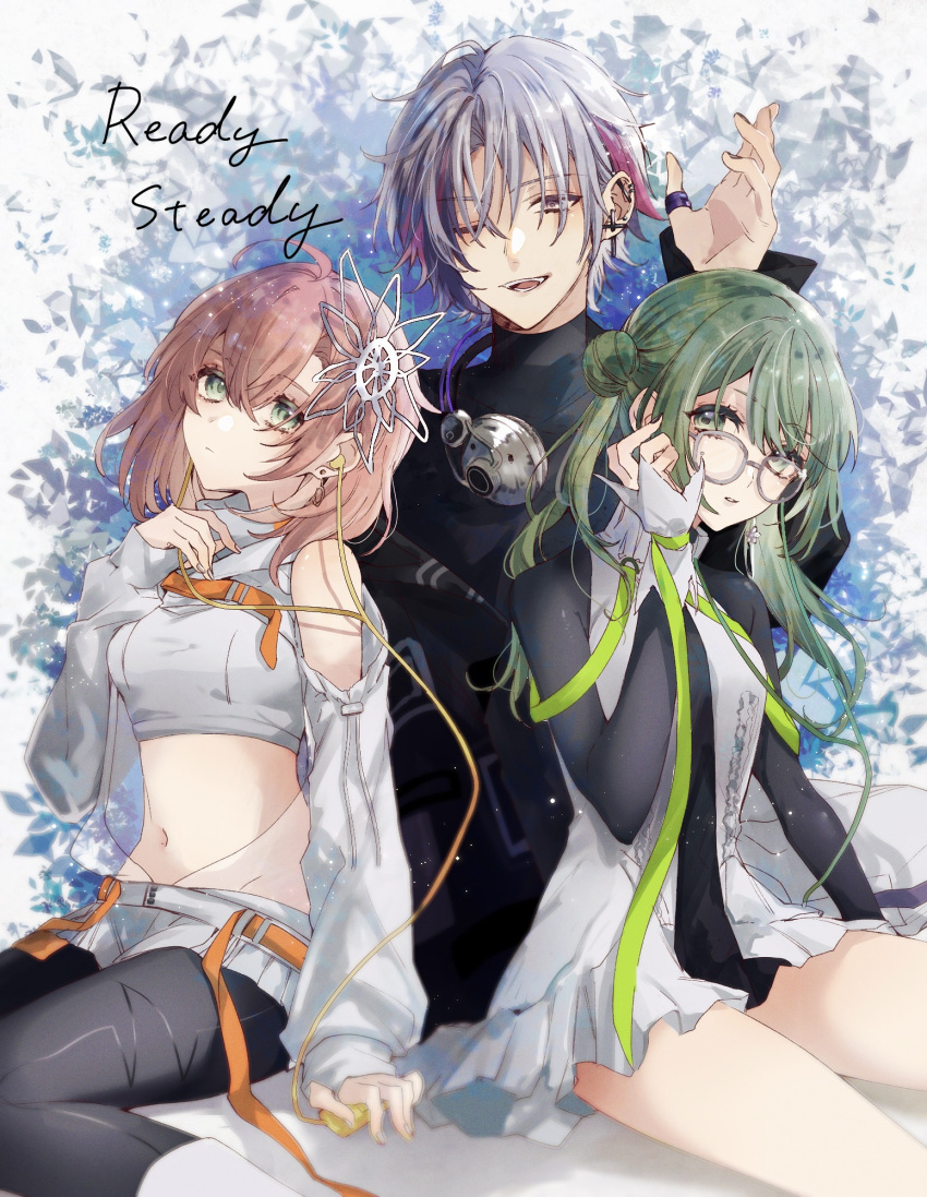 1boy, 2girls, ear_piercing, fuwa_minato, glasses, green_eyes, green_hair, highres