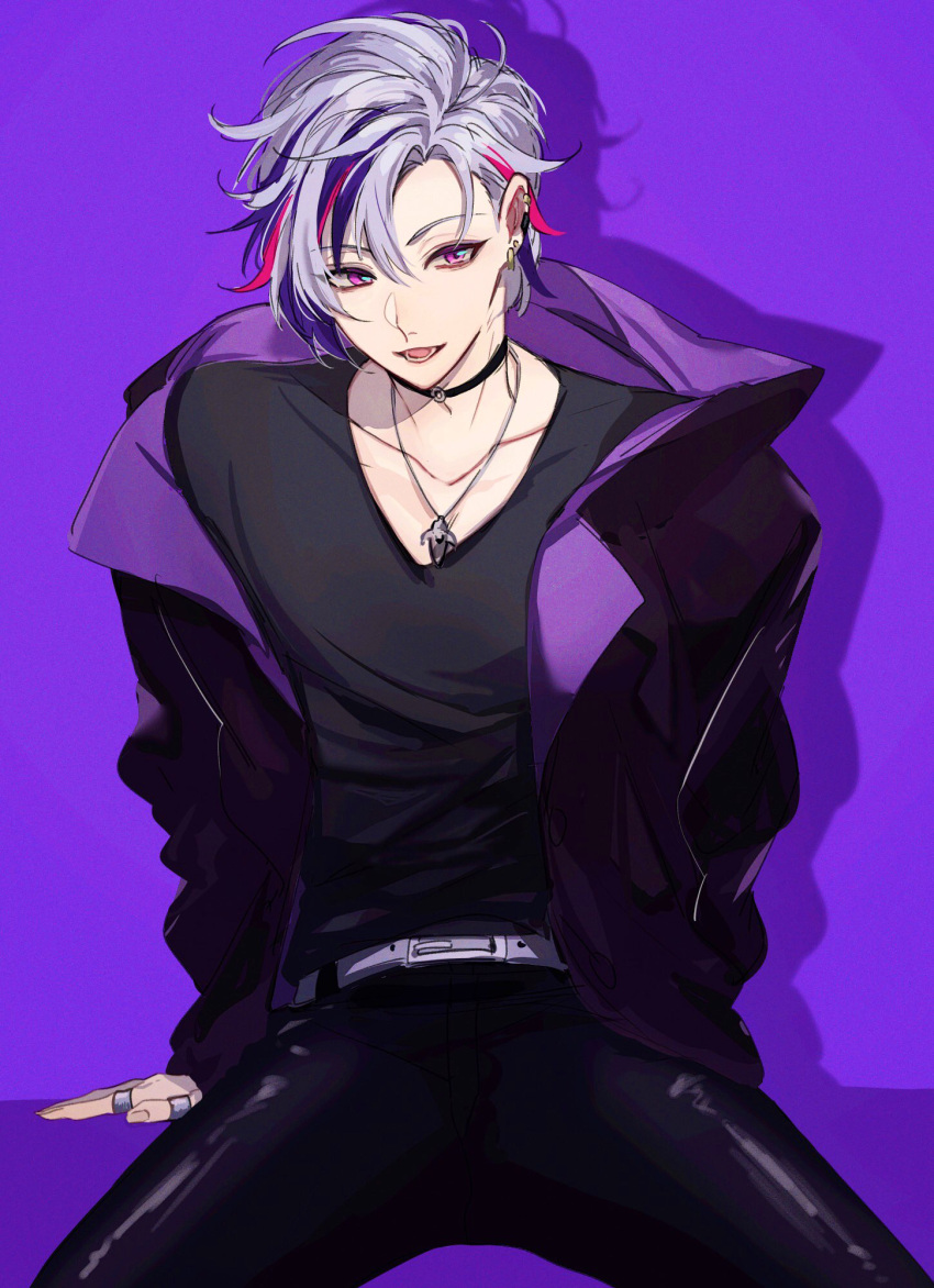 1boy, choker, earrings, fuwa_minato, highres, hood, hood_down, jewelry