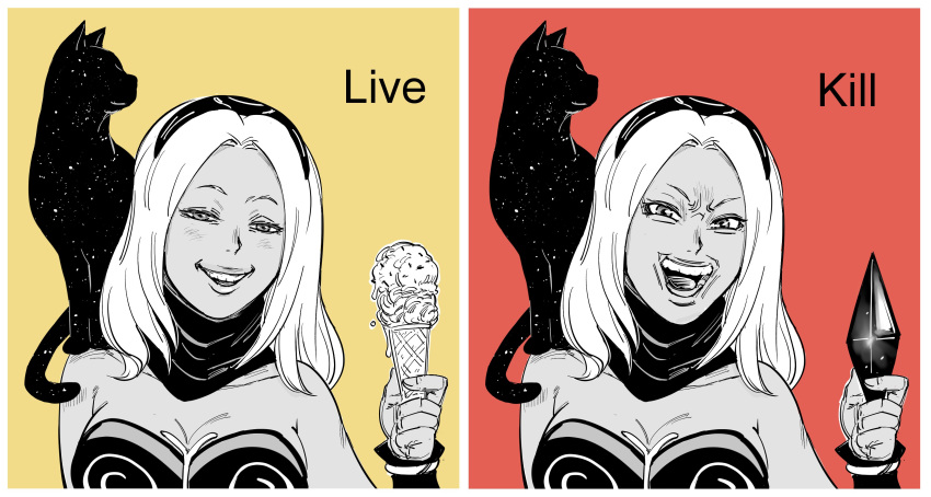 1girl, :d, absurdres, animal_on_shoulder, bb_(baalbuddy), black_cat, border, cat, cat_on_shoulder, commentary, dark-skinned_female, dark_skin, dusty_(gravity_daze), english_commentary, food, franzj, gravity_daze, hairband, highres, ice_cream, kitten_(gravity_daze), kunai, looking_at_viewer, medium_hair, multiple_views, open_mouth, parted_lips, scarf, smile, weapon, white_border