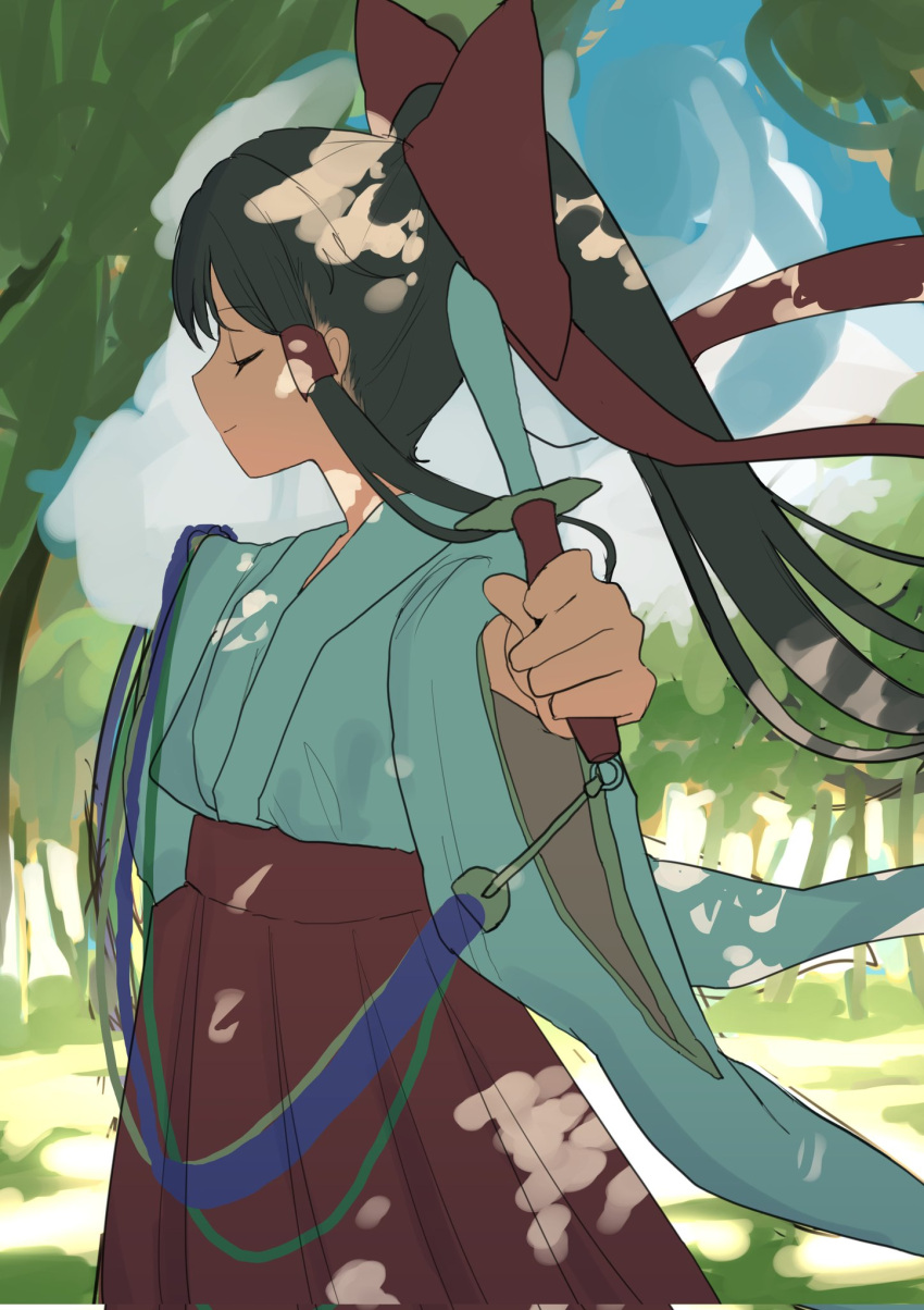 1girl, arms_up, bangs, blue_sky, bow, closed_eyes, closed_mouth, clouds