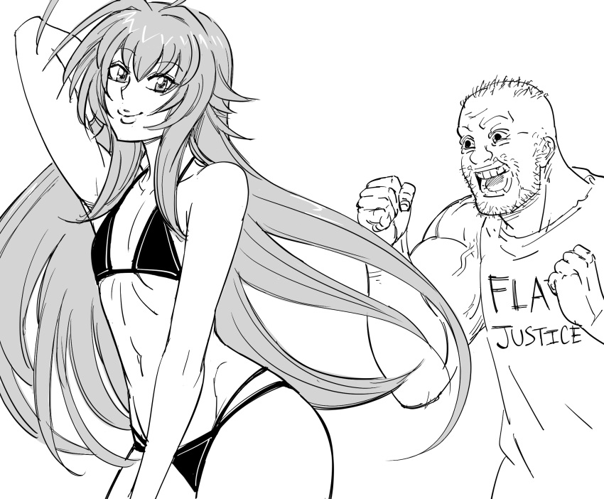 1boy, 1girl, bb_(baalbuddy), beard, biceps, bikini, closed_mouth, commentary, coomer, english_commentary, facial_hair, flat_chest, greyscale, hand_up, high_school_dxd, highres, long_hair, looking_at_viewer, meme, monochrome, muscular, muscular_male, navel, rias_gremory, shirt, simple_background, smile, swimsuit, very_long_hair, white_background