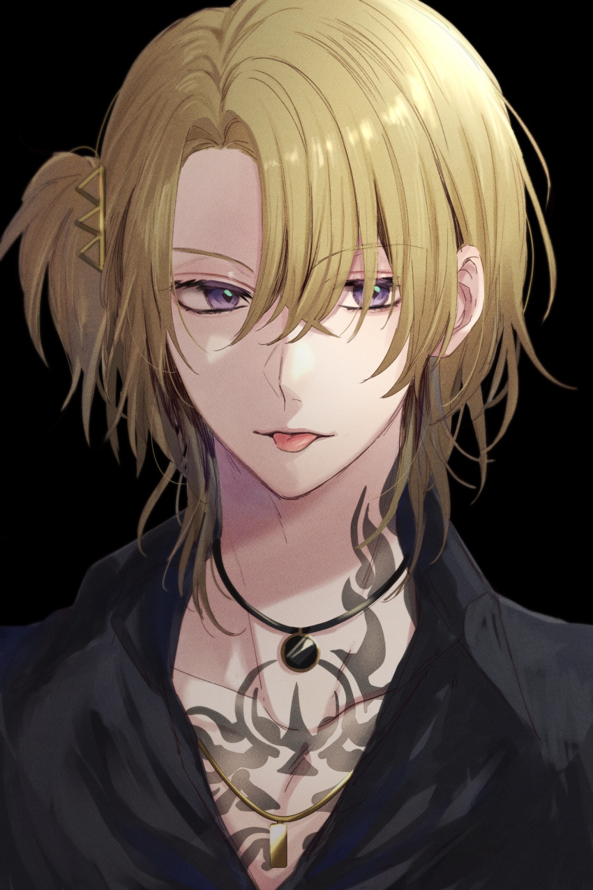 1boy, blonde_hair, collared_shirt, highres, jewelry, looking_to_the_side, luca_kaneshiro, male_focus, necklace, nijisanji, pale_skin, shirt, short_sidetail, solo, sorano, tattoo, violet_eyes