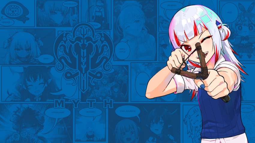 1girl, aiming_at_viewer, bangs, blue_background, blue_nails, blue_theme, blue_vest, blunt_bangs, bullworth_academy_uniform, bully_(game), commentary, dark_persona, dress_shirt, english_commentary, foreshortening, gawr_gura, hair_ornament, highres, holding, holding_slingshot, holding_weapon, hololive, hololive_english, looking_at_viewer, one_eye_closed, open_mouth, radical_highway, red_eyes, redhead, reflect_(gawr_gura), shark_hair_ornament, sharp_teeth, shirt, sleeves_folded_up, slingshot, solo, teeth, upper_body, vest, virtual_youtuber, weapon, white_shirt, wing_collar