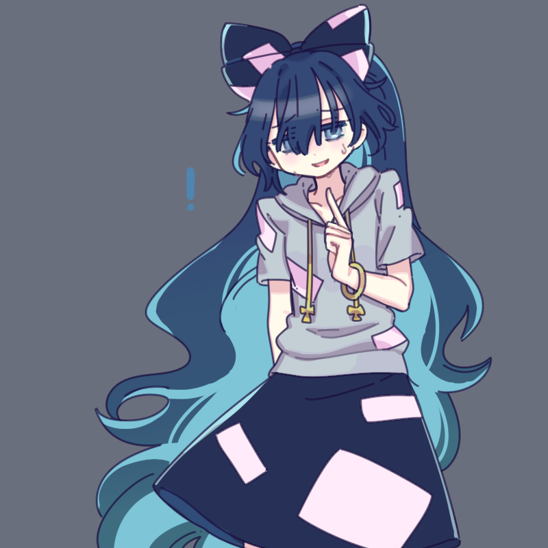 !, 1girl, blue_bow, blue_eyes, blue_hair, blue_skirt, bow, bracelet