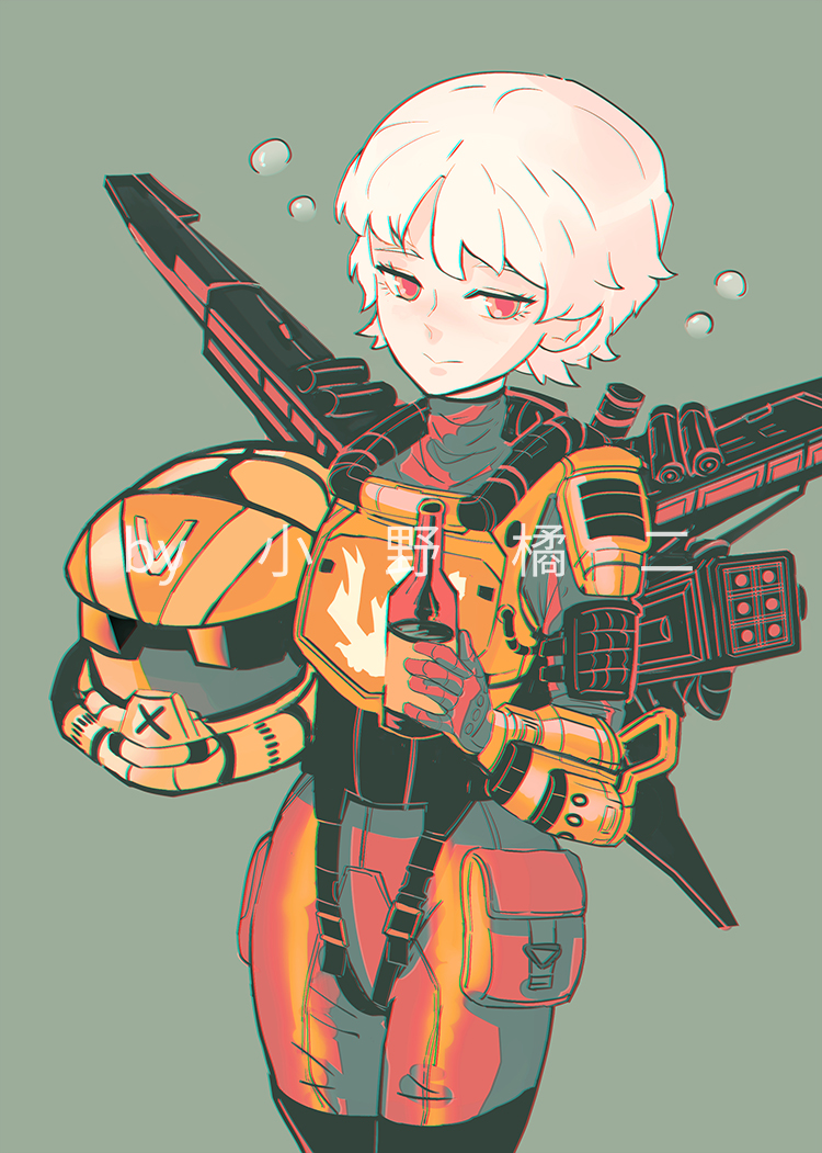 1girl, apex_legends, birthright_valkyrie, bodysuit, boots, bottle, gloves, green_background, headwear_removed, helmet, helmet_removed, holding, holding_bottle, holding_helmet, jetpack, looking_at_viewer, missile_pod, orange_bodysuit, red_eyes, short_hair, smile, solo, thigh-highs, thigh_boots, valkyrie_(apex_legends), white_hair, xiaoye_ju_er