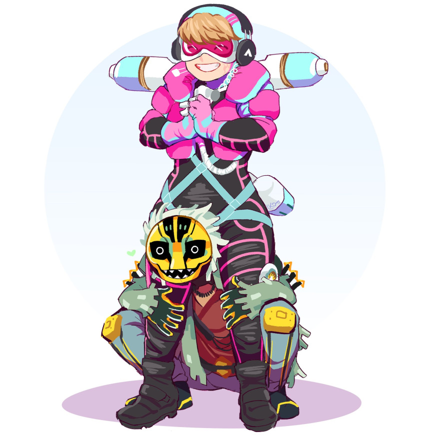 1boy, 1girl, ^_^, apex_legends, bangs, black_bodysuit, black_footwear, blue_pants, bodysuit, cable, closed_eyes, crypto_(apex_legends), english_commentary, gloves, goggles, green_jacket, hands_on_another's_leg, highres, jacket, jewelry, lila_(lilakeylk), mask, masked_storyteller_crypto, necklace, official_alternate_costume, own_hands_together, pants, pink_gloves, pink_vest, red_shirt, shirt, smile, squatting, vaporwave_wattson, vest, wattson_(apex_legends)