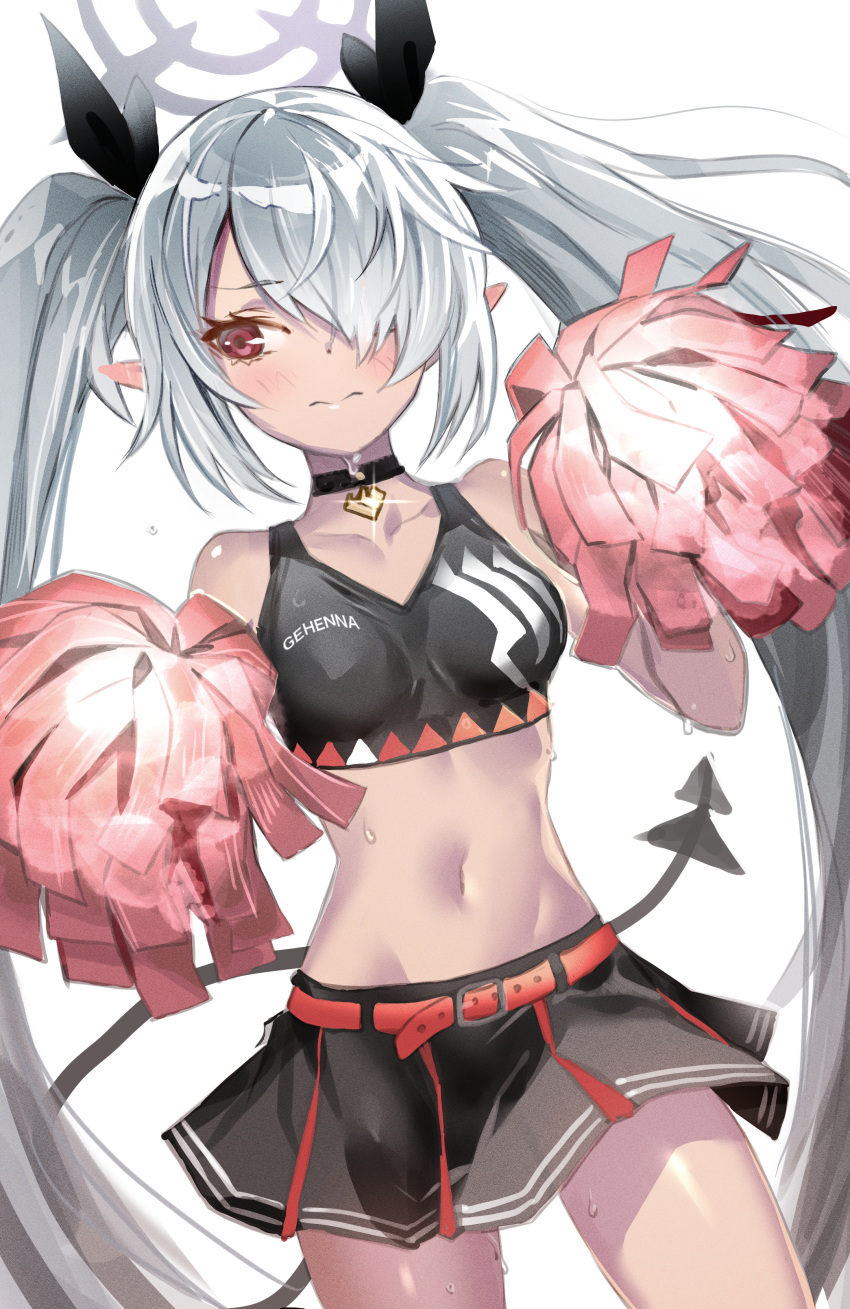 1girl, absurdres, bare_shoulders, belt, black_skirt, blue_archive, blush, breasts