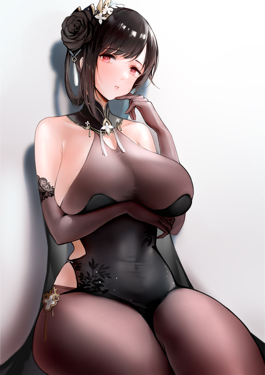 1girl, absurdres, arm_under_breasts, azur_lane, bangs, bare_shoulders, black_dress, black_flower