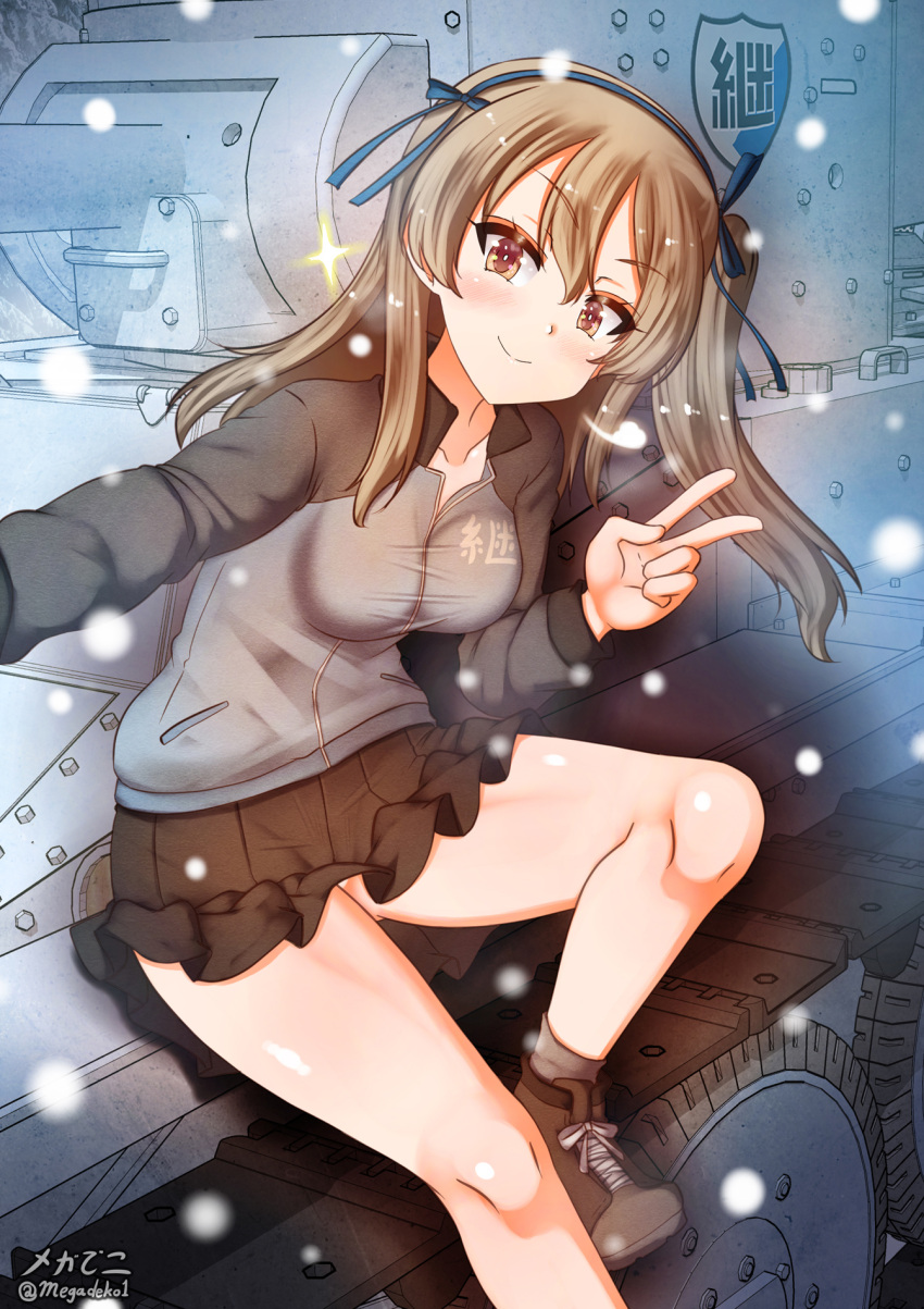 1girl, aquaegg, black_skirt, blonde_hair, blush, breasts, brown_eyes, closed_mouth, collarbone, emblem, girls_und_panzer, ground_vehicle, highres, jacket, keizoku_(emblem), keizoku_military_uniform, long_hair, looking_at_viewer, medium_breasts, military, military_uniform, military_vehicle, miniskirt, motor_vehicle, no_panties, pleated_skirt, shimada_arisu, shiny, shiny_hair, shiny_skin, skirt, smile, snowing, solo, tank, track_jacket, uniform, v