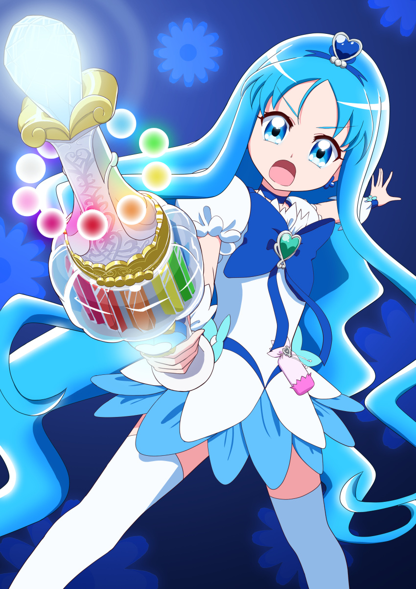 1girl, :o, absurdres, angry, blue_background, blue_bow, blue_choker, blue_eyes, blue_hair, blue_skirt, blue_theme, bow, choker, cowboy_shot, cure_marine, earrings, floral_background, flower_tact, hair_ornament, heart, heart_brooch, heart_hair_ornament, heartcatch_precure!, highres, holding, holding_wand, jewelry, kurumi_erika, legs_apart, long_hair, magical_girl, open_mouth, pouch, precure, puffy_sleeves, rainbow_order, sentyouoekaki, shiny, shiny_hair, skirt, solo, standing, thigh-highs, wand, white_legwear, wrist_cuffs, zettai_ryouiki
