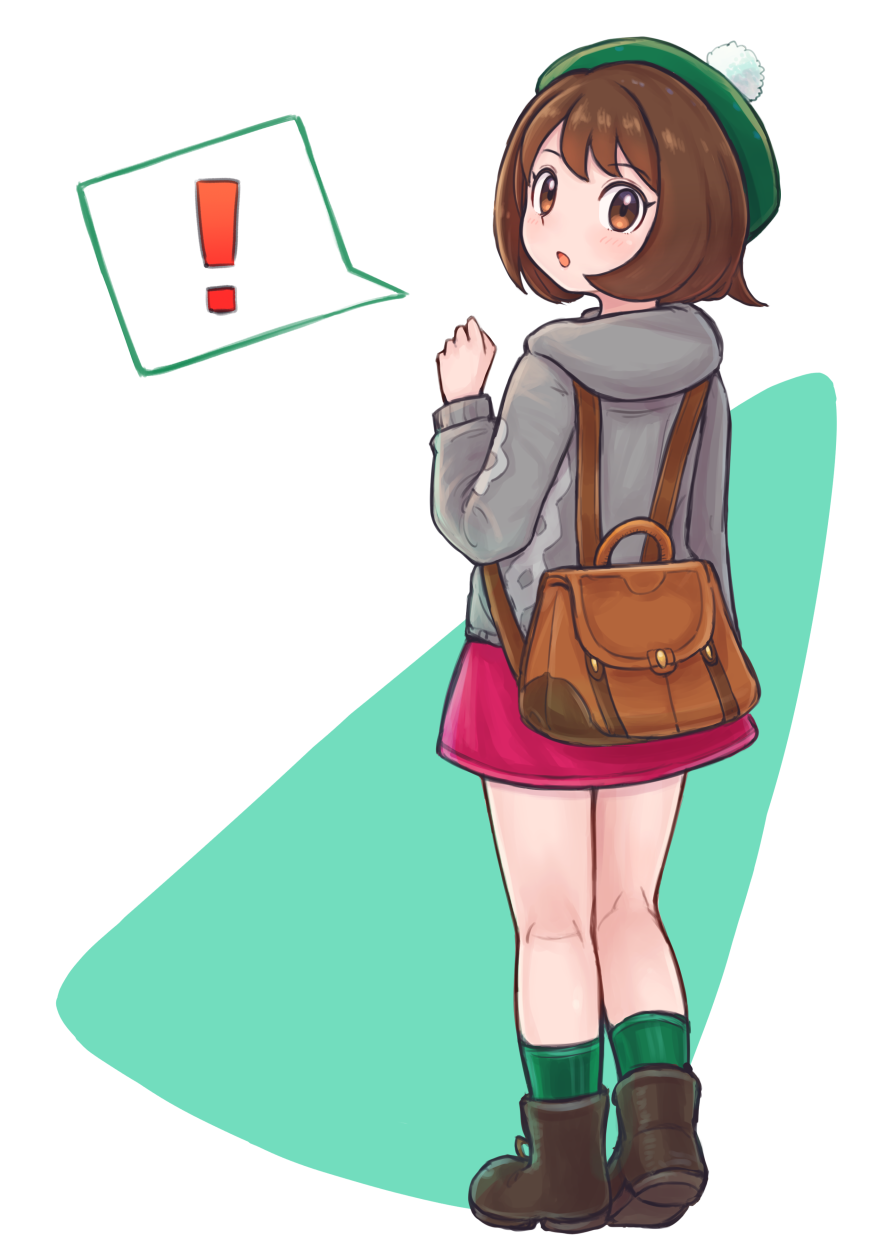 !, 1girl, :o, backpack, bag, bob_cut, boots, brown_bag