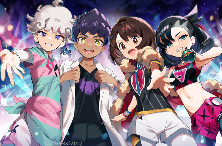 2boys, 2girls, :d, asymmetrical_bangs, bangs, bede_(pokemon), black_hair, black_nails, black_shirt, bob_cut, brown_eyes, brown_hair, cape, champion_uniform, collarbone, collared_shirt, commentary_request, dusk_ball, dynamax_band, earrings, fur-trimmed_cape, fur_trim, gloria_(pokemon), great_ball, green_eyes, grey_hair, hair_ribbon, highres, holding, holding_poke_ball, hop_(pokemon), jewelry, labcoat, leggings, marnie_(pokemon), miyukiyo, multiple_boys, multiple_girls, nail_polish, navel, open_mouth, poke_ball, pokemon, pokemon_(game), pokemon_swsh, purple_hair, red_cape, red_ribbon, ribbon, shield_print, shirt, short_hair, short_shorts, short_sleeves, shorts, smile, sword_print, teeth, tied_shirt, tongue, upper_teeth, white_legwear, white_shorts