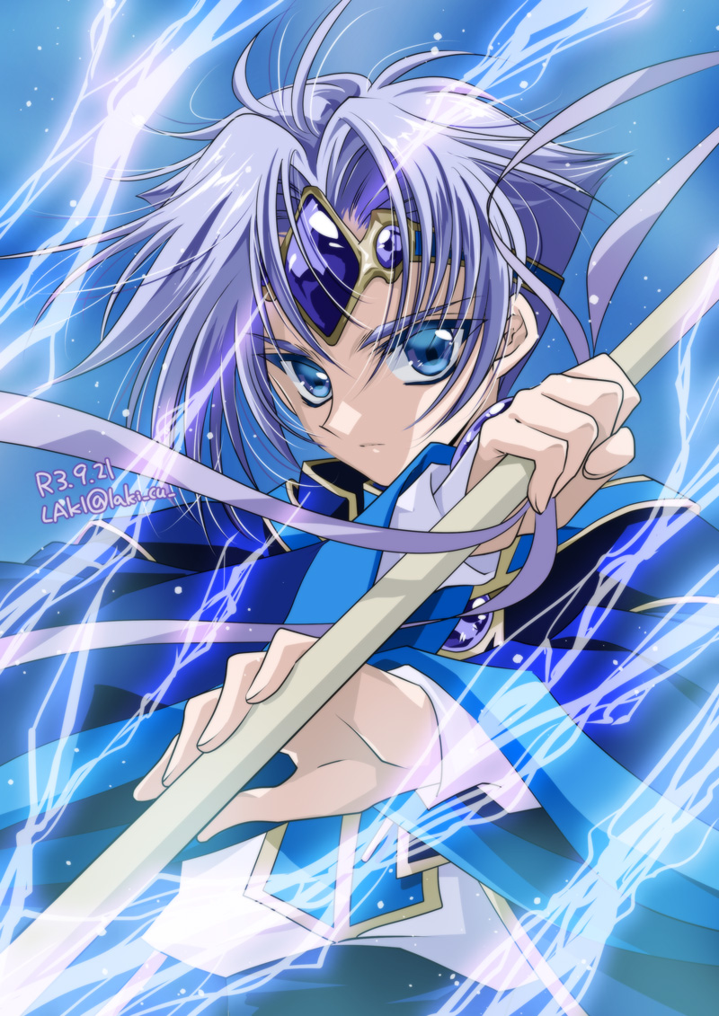 1boy, artist_name, bangs, bishounen, blue_background, blue_eyes, blue_theme, circlet