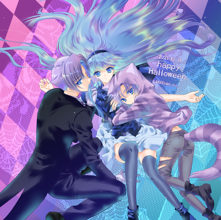 1girl, 2boys, animal_hood, artist_name, black_footwear, black_legwear, black_pants, black_suit, blue_capelet, blue_eyes, blue_hair, blue_skirt, capelet, cat_tail, checkered_background, clef_(rayearth), colored_eyelashes, dated, dual_persona, formal, gloves, happy_halloween, highres, holding, holding_hair, hood, hoodie, laki_(laki_cu), long_hair, looking_at_viewer, lying, magic_knight_rayearth, multicolored_background, multicolored_hair, multiple_boys, on_back, pants, purple_hair, purple_hoodie, purple_tail, ryuuzaki_umi, shoes, silk, skirt, spider_web, striped_tail, suit, tail, thigh-highs, torn_clothes, twitter_username, two-tone_hair, white_gloves